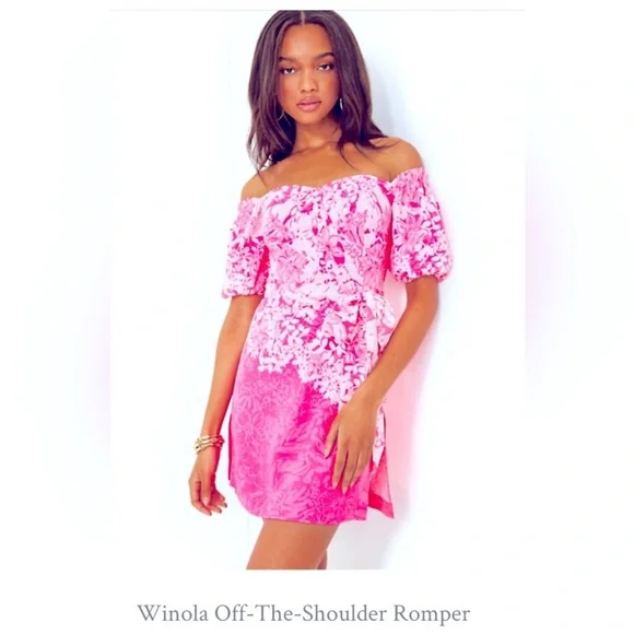 Lilly Pulitzer Pink Off-Shoulder Romper. NWT. Size 12 - Picture 1 of 9